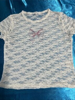 No Comment Girls' White Lace Short-Sleeve Tee with Pink Bow